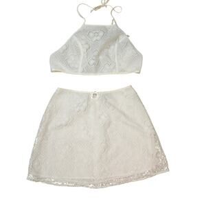 Vintage 90s Judy Knapp Off-White Lace Two Piece Set NWT Halter Crop Mini Skirt